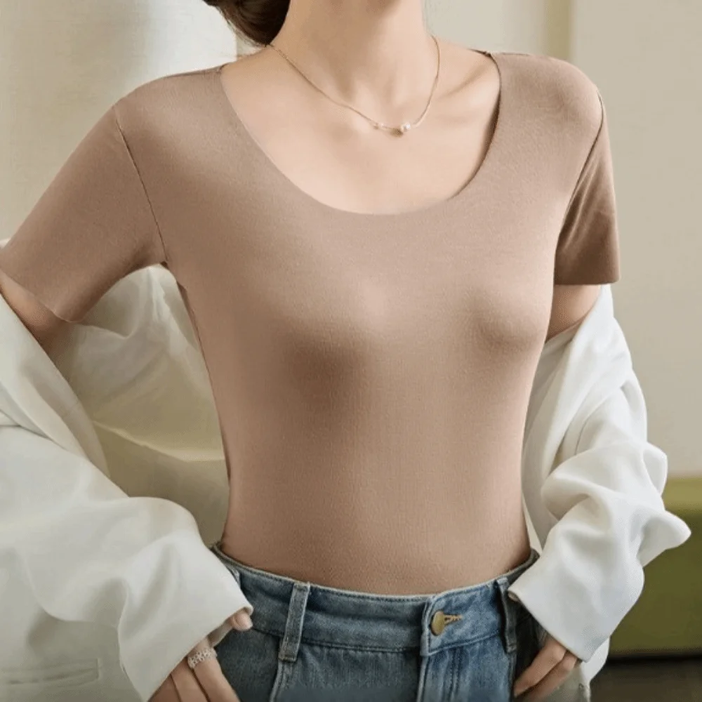Breathable U Round Neck Women Thin T-shirts Korean Style Solid Color Female Crop Tops Undershirt Modal Base Shirt Travel
