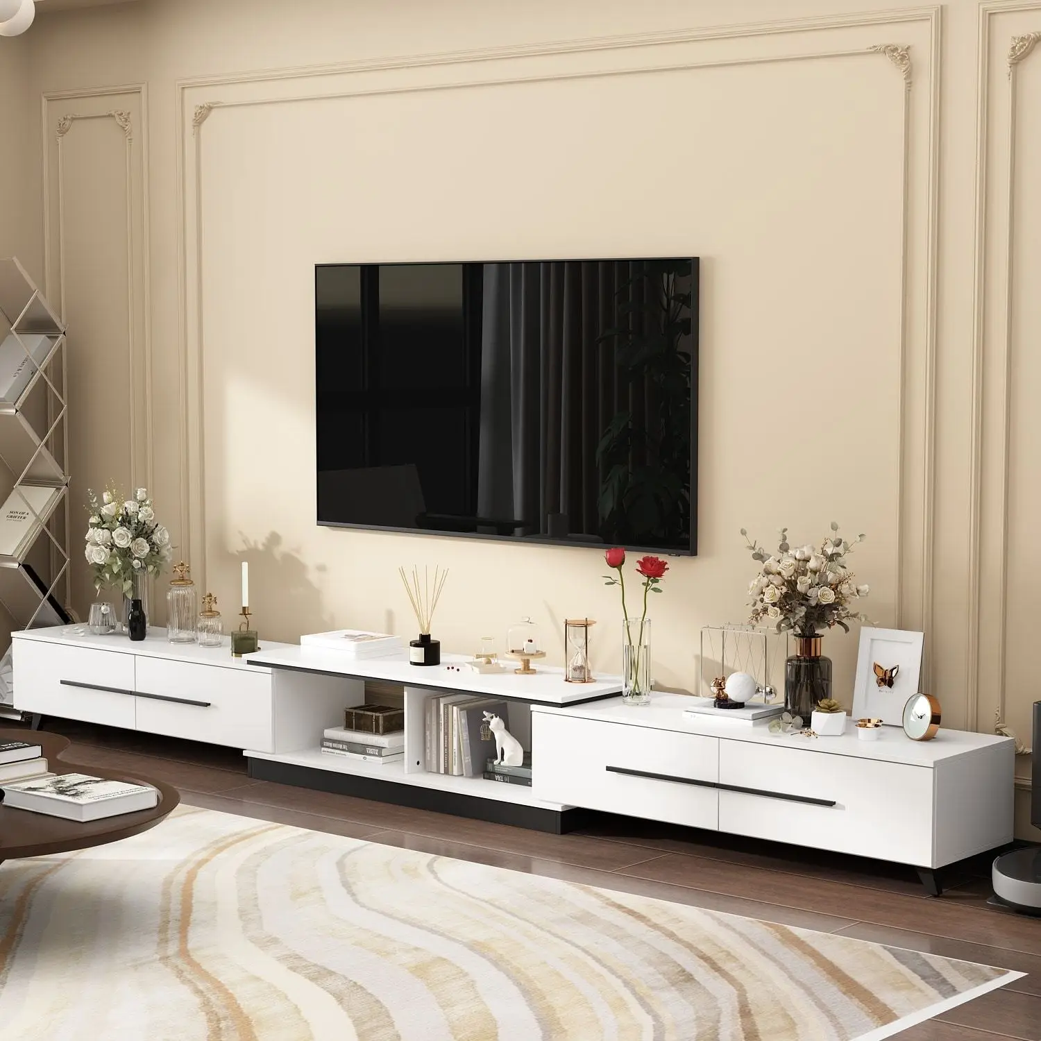 

95-136.2W x 15.2D x 13.1H Sleek Modern TV Console Cabinet - Extendable Design, Ample Storage with Drawers, Sturdy Legs Bluetoot