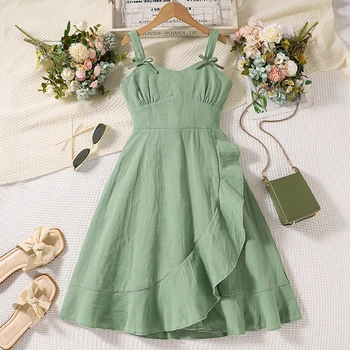 Summer Girl's Dress 8-12 Years Old Cute Bow-Embellished Slip Panel Uneven Hem Sweet Elegant Ladylike Fashion for Kids 1