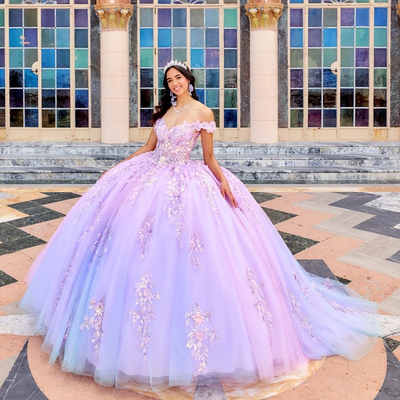 

Lilac 15 Quinceanera Dresses Applique Lace Beads Tull Sweetheart Off The Shoulder Evening Dresses Puffy Party Dress Ball Gown