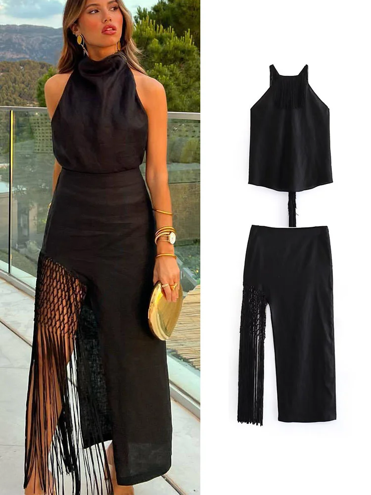 

Summer Women Solid Tassel Top Skirts Sets 2023 Causal Sleeveless Backless O-neck Top High Waist Side Zipper Mid-Calf Skirts