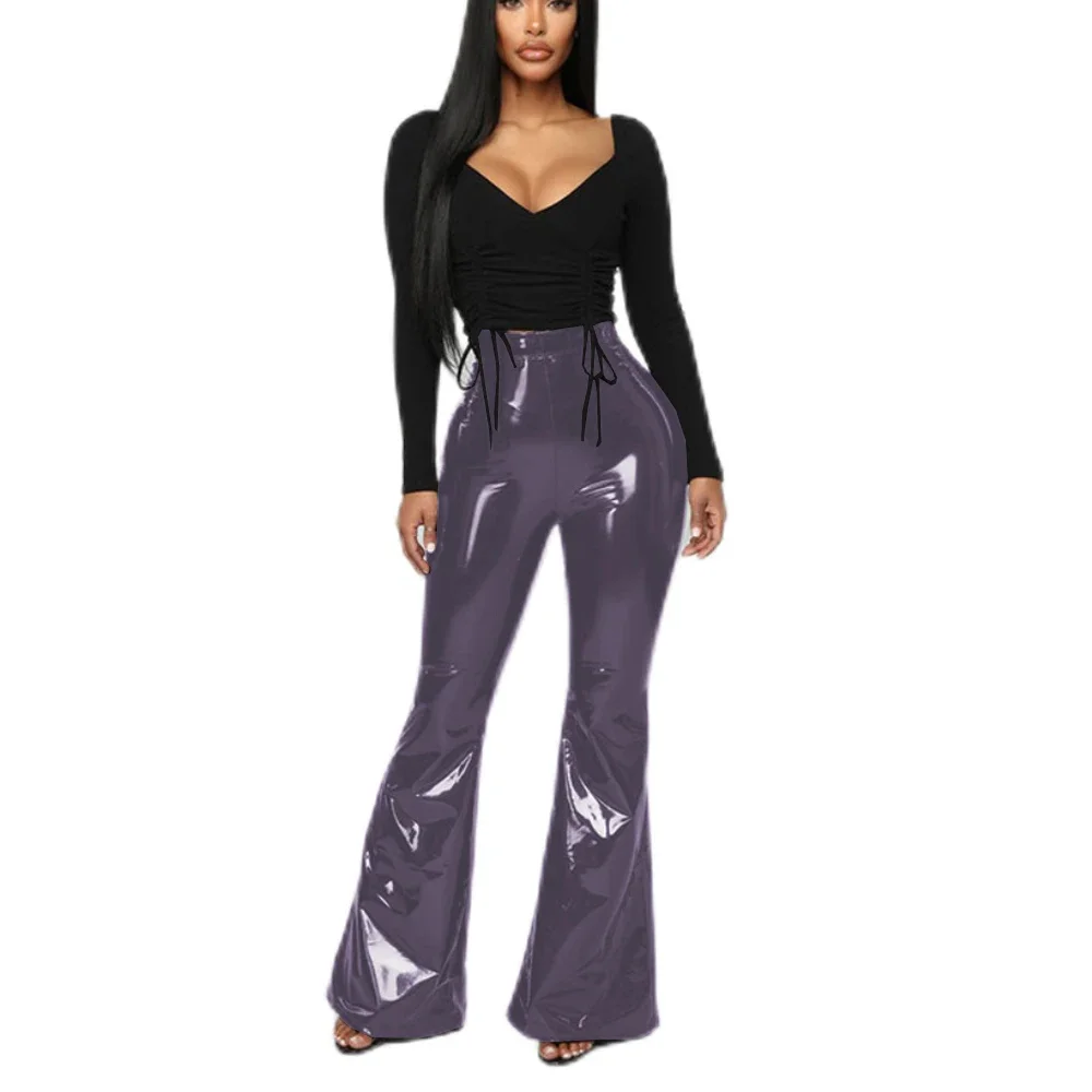 Women High Waist Flare Leggings Solid Trousers Sexy Bodycon Trousers Club Pants Fashion Patent Leather Clothing Streetwear 7XL