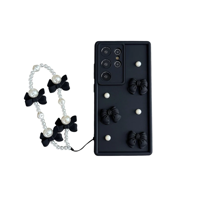 Elegant Bow Tie Pearl Chain Rope Phone Case - Stylish Protective Cover with Enhanced Grip