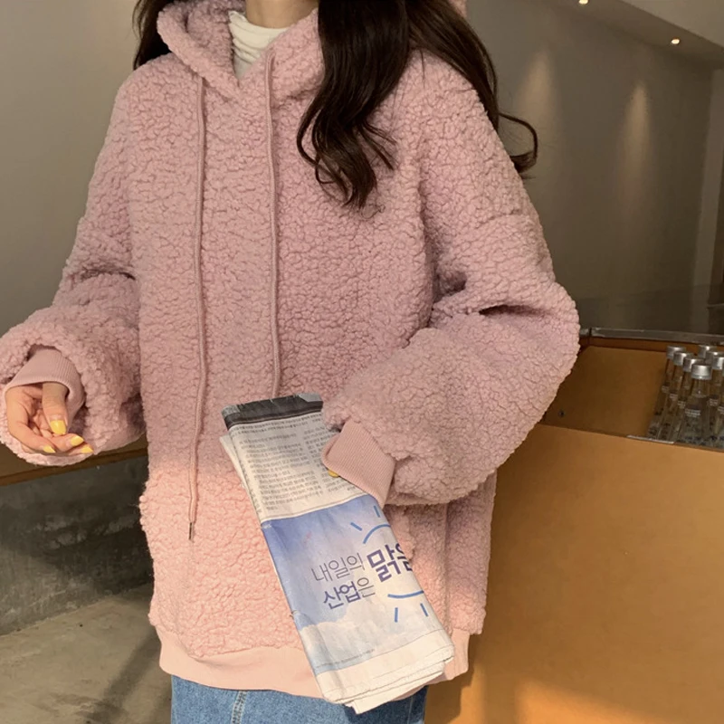 Women Korean Style Students Plus Size Hooded Pullover  Winter Warm Wool Bear Ear Hooded Sweatshirt Oversized Hoodies Tops