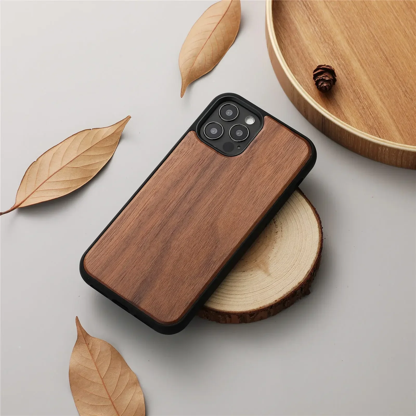 thumbnail image 1 of Funda trasera de madera auténtica para iPhone, 11, 12, 13, 14, 15 Plus, Pro Max, regalo personalizado gratis, 1 of 5