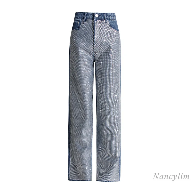 

Fashionable and Trendy Casual Trousers for Women High Waist Straight Jeans Diamond Embedded Heavy Industry Design Spring New