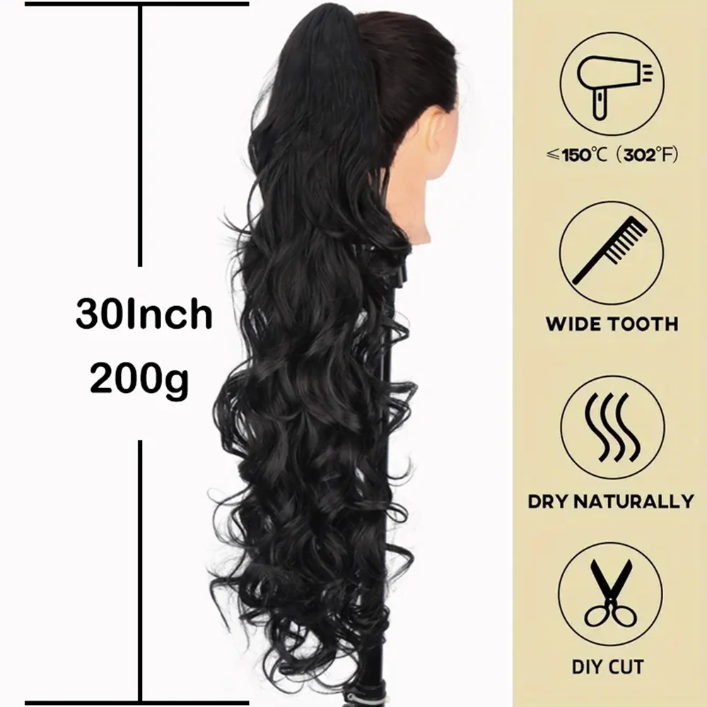 30 Inch Black Ponytail Long Wavy Synthetic Ponytail Hair Extension Heat Resistant Fiber Clip in Hairpiece for Women Daily Use