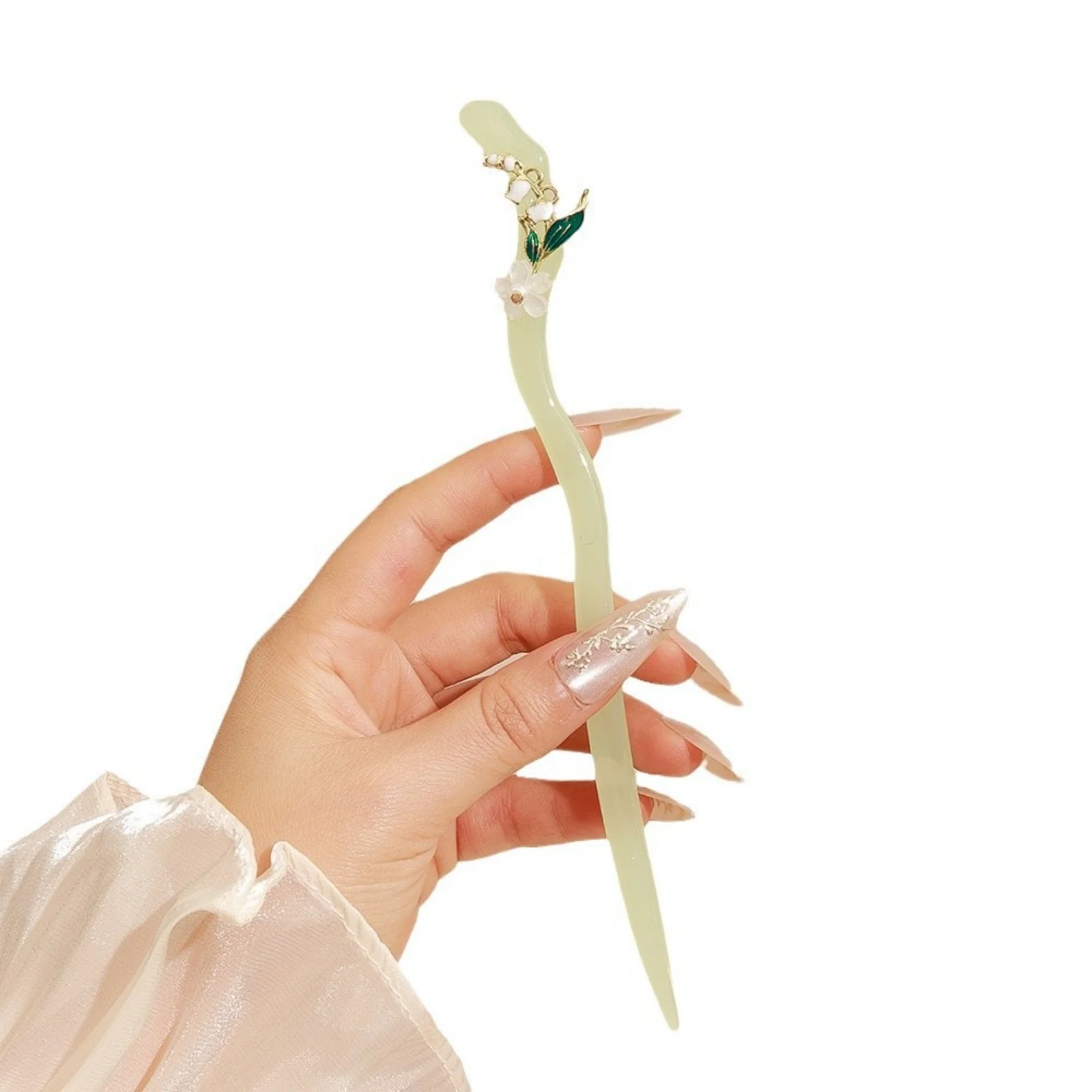 1PC Green & White Floral Hair Sticks, Jade - Like Hairpins Set, Perfect for Women's Delicate & Graceful Updos