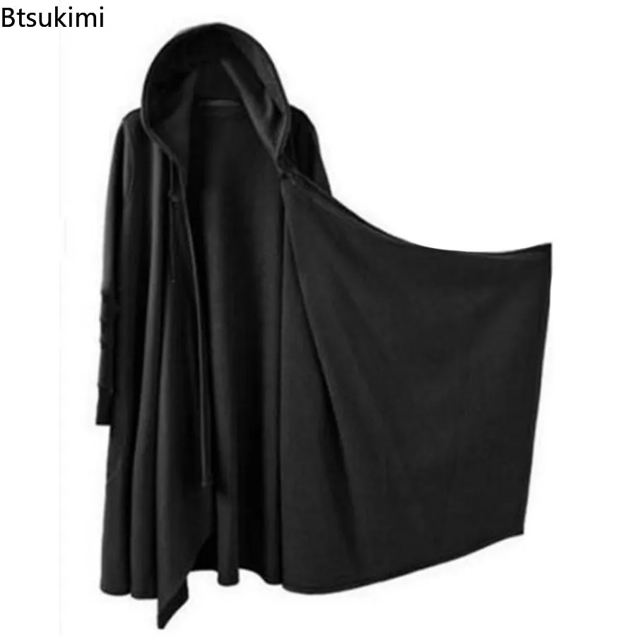 Spring Autumn New Men Ribbons Patchwork Punk Hip Hop Long Trench Coat Hooded Cloak Men Black Techwear Vlevet Jacket Overcoat