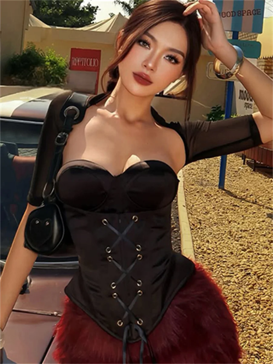 Nibber Sexy Coquette Vest 2 Piece Set Women Shirring Wild Sleeveless Bandages Tank Top+See Through Jackets Midnight Clubwear