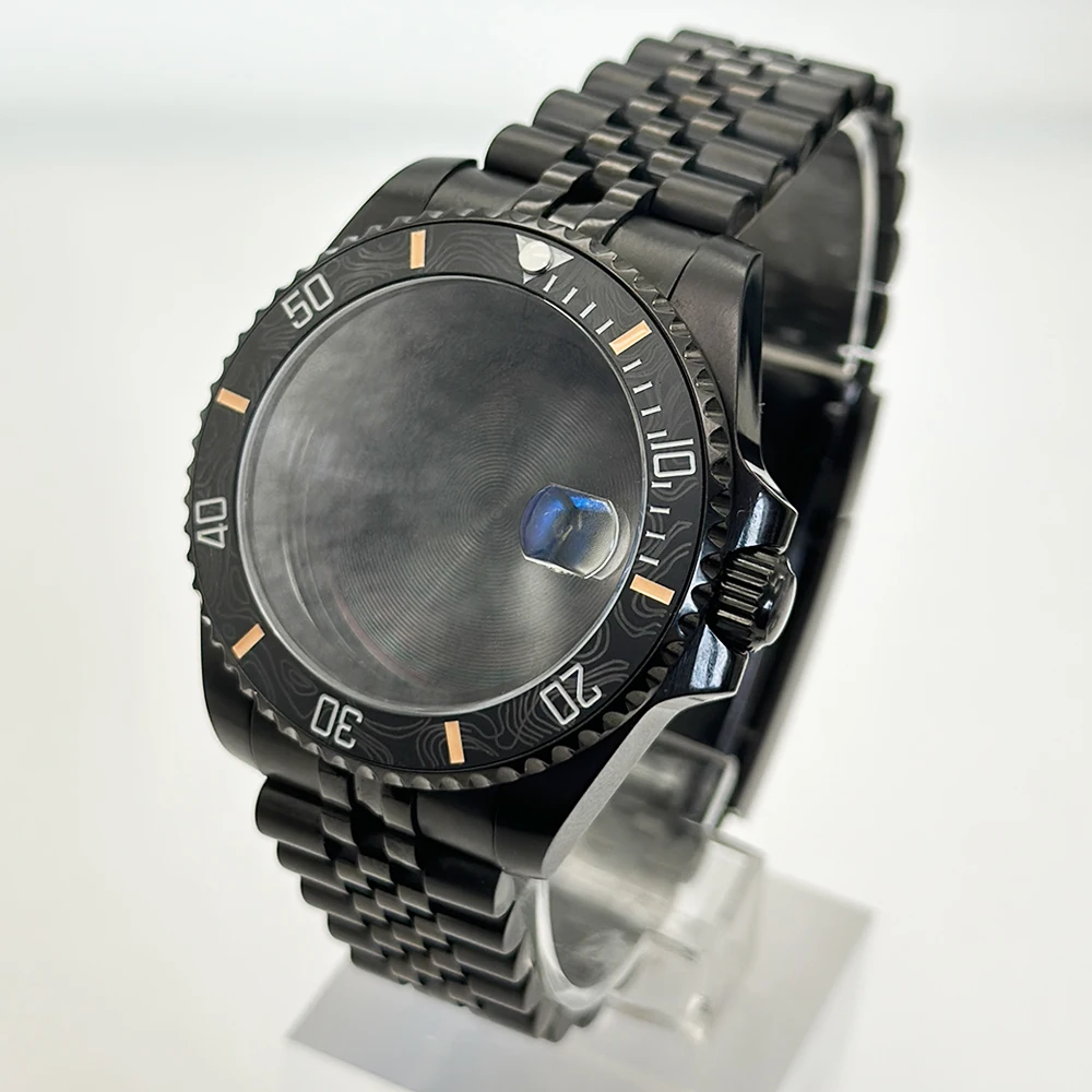 Sleek Black Watch Case with Carbon Fiber Bezel and Sapphire Mirror