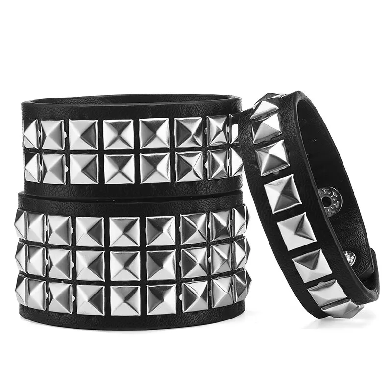 Y2K Wrist Fashion Square Bead Rivet Wrist Strap Personalized Retro Pyramid Punk PU Bracelet Belt Strap Suitable for Men Women