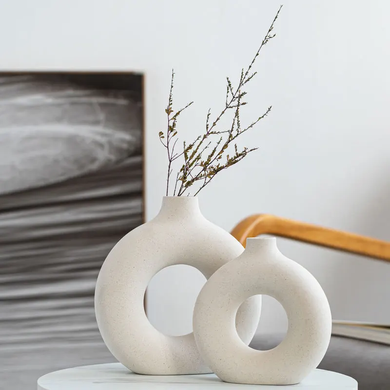 Nordic Circular Hollow Ceramic Vase Donuts Flower Pot Home Decoration Accessories Office Desktop Living Room Interior Decor Gift 3