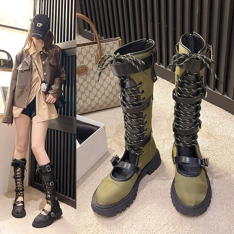 Yellow Thick Sole Motorcycle Boots Women Lace Up High Heel, 46 OFF