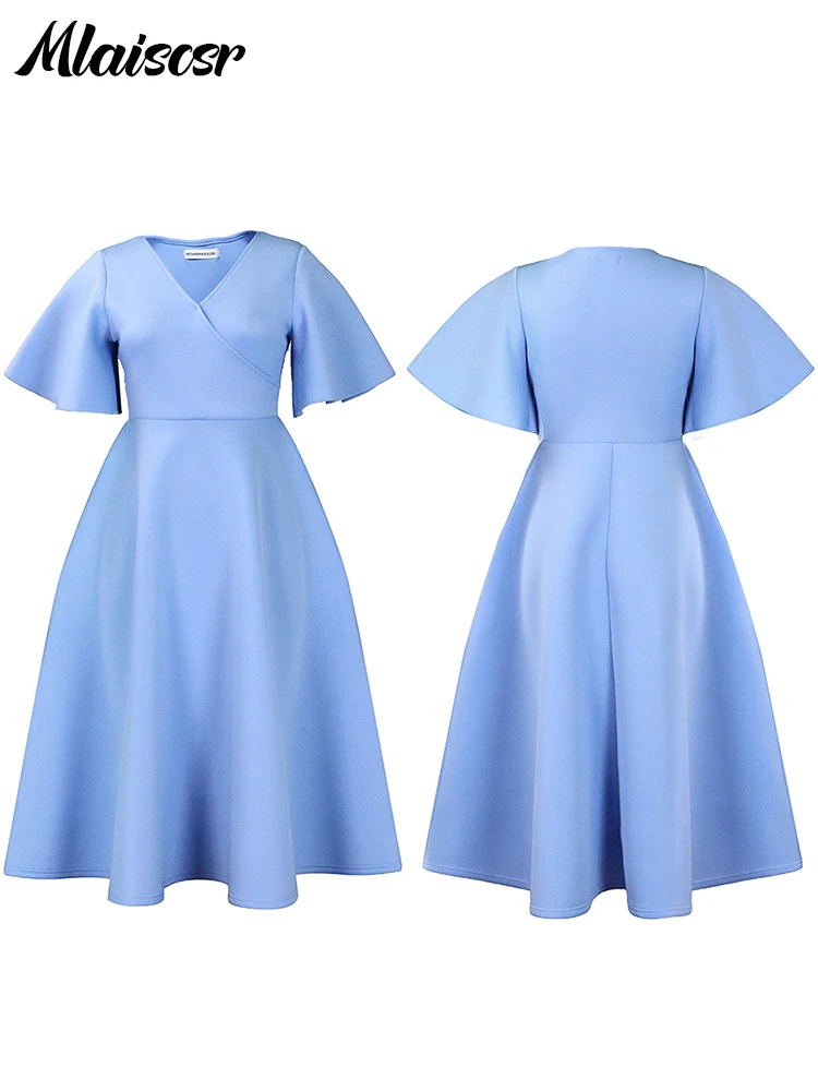 Mlaiscsr Women's Elegant Office Blue Mid Dress V-Neck Ruffle Sleeve High-Waisted Pleated A-Line Birthday Dinner African Vestidos - Image 5