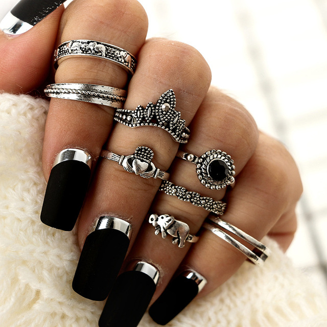 9pcs/set Boho Midi Finger Rings Set for Women Punk Elephant Flower Hollow Out Sliver Knuckle Rings Jewelry Gift 4618