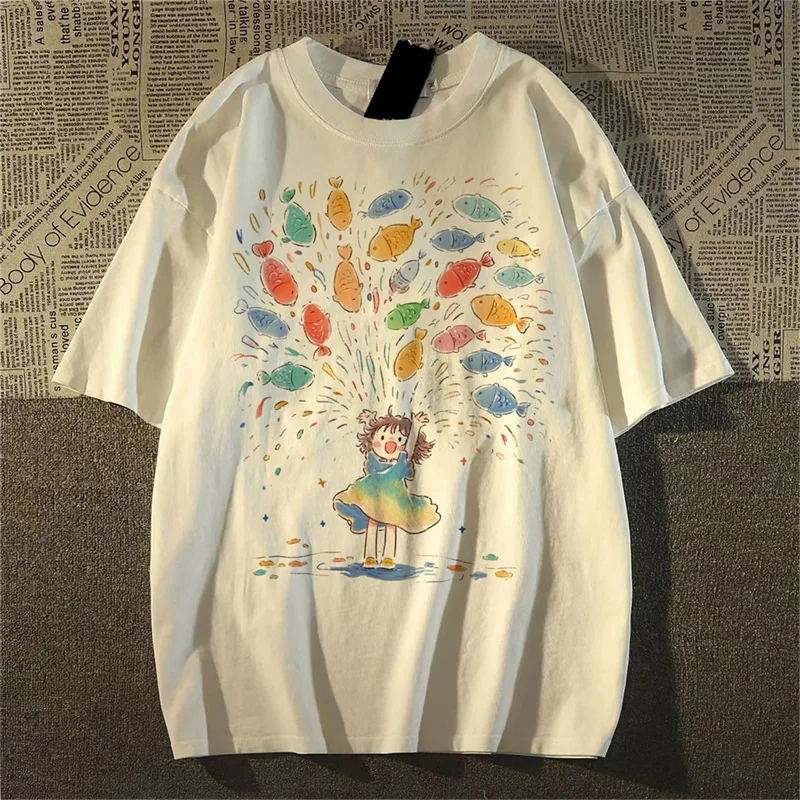 Fish Cute Girls Print Cotton Women T shirts Summer Oversize Japan Short Sleeve Breathable Casual Women's T-shirt Tops Tee Y2k 2