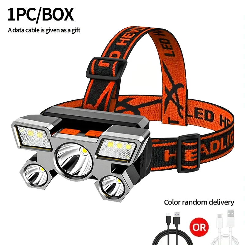 5-LED-Taschenlampe, wiederaufladbar, mit eingebauter Lithium-Batterie, starkes Kopflicht, Camping, Abenteuer, Angeln, Radfahren, Stirnlampe