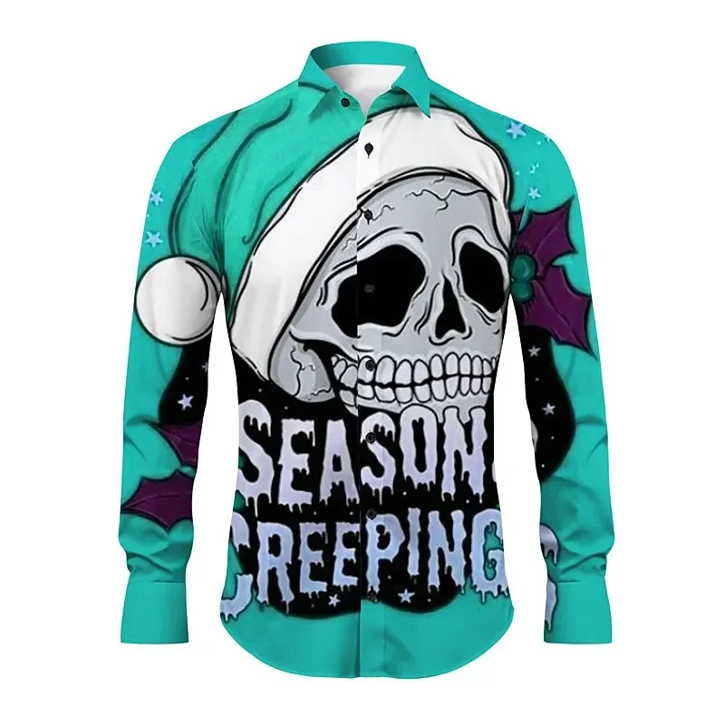 23 new men's retro Skull abstract shirt open lapel long sleeve casual top four way elastic comfort Christmas, autumn and winter