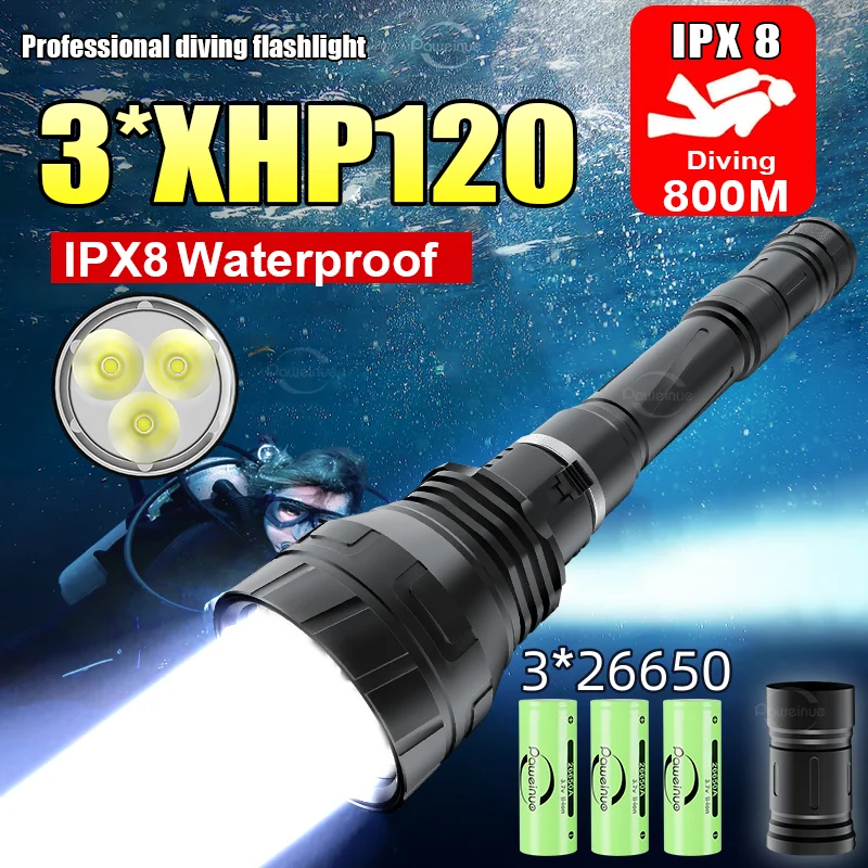 NEW 3*XHP120 Underwater Lantern IPX8 Diving flashlight 3*26650 Professional Scuba Diving Torch High Power Diving Waterproof Lamp