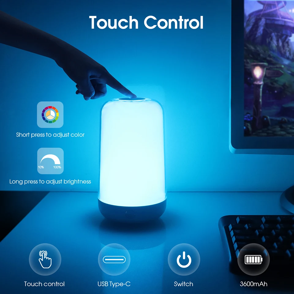 Bluetooth Smart Touch Bedside Table Lamp Dimmable RGB LED Night Light Rechargeable kids Desk Lamp Camping Room Atmosphere Decor