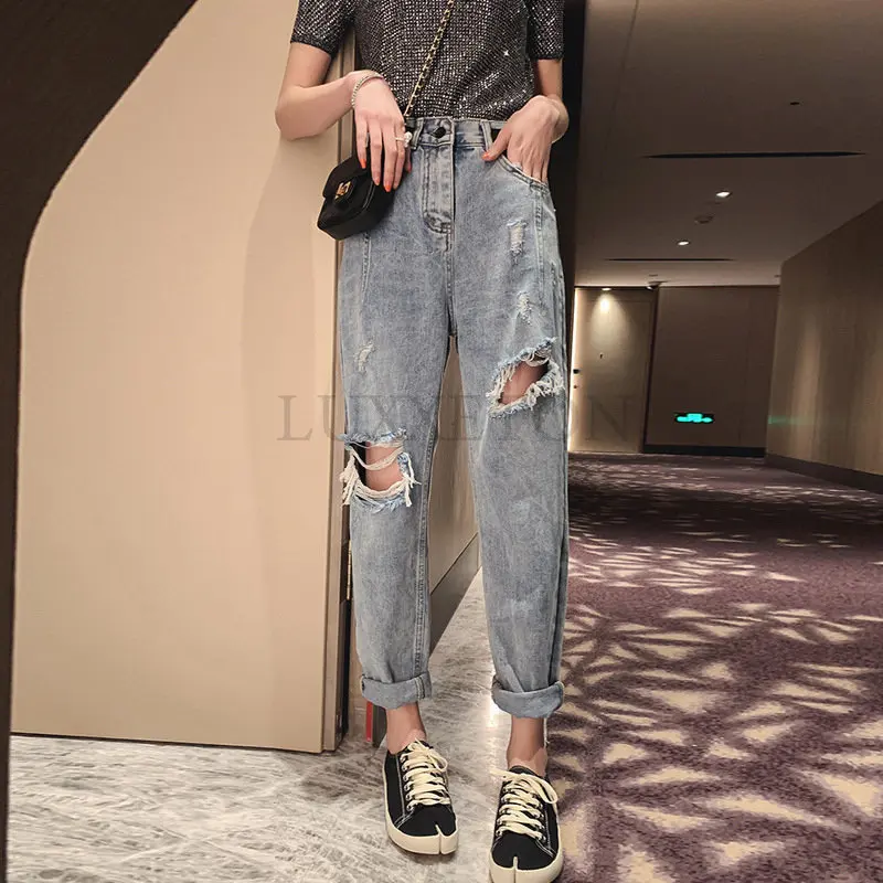 

Женские рваные джинсы, винтажные мешковатые широкие брюки Y2K в стиле Харадзюку, уличная одежда в стиле хип-хоп, женские джинсовые брюки