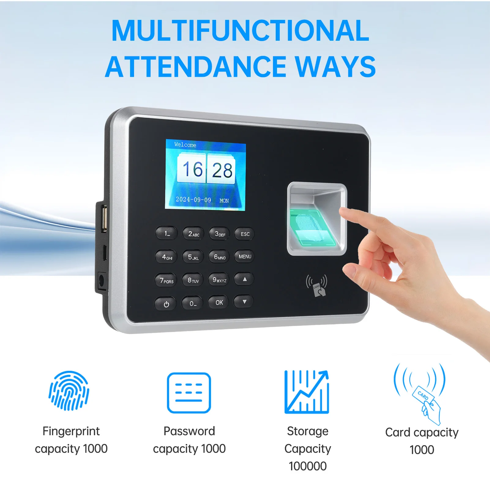 Biometric Time Clock Attendance Machine for Employees Biometric In and Out Punching ID Card Recognition 5 Languages System