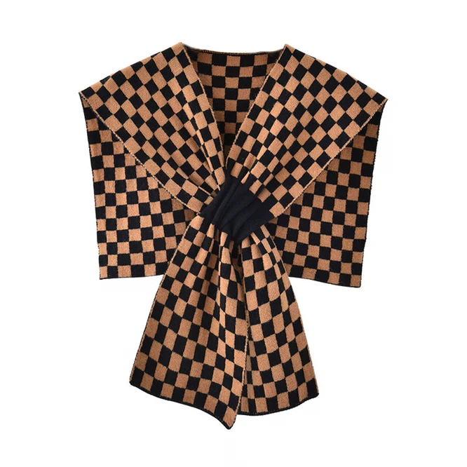 

Spring Summer Korean Shawl Short Style With Waistcoat Women's New Chessboard Cross Knitted Bib With Fake Collar Khaki