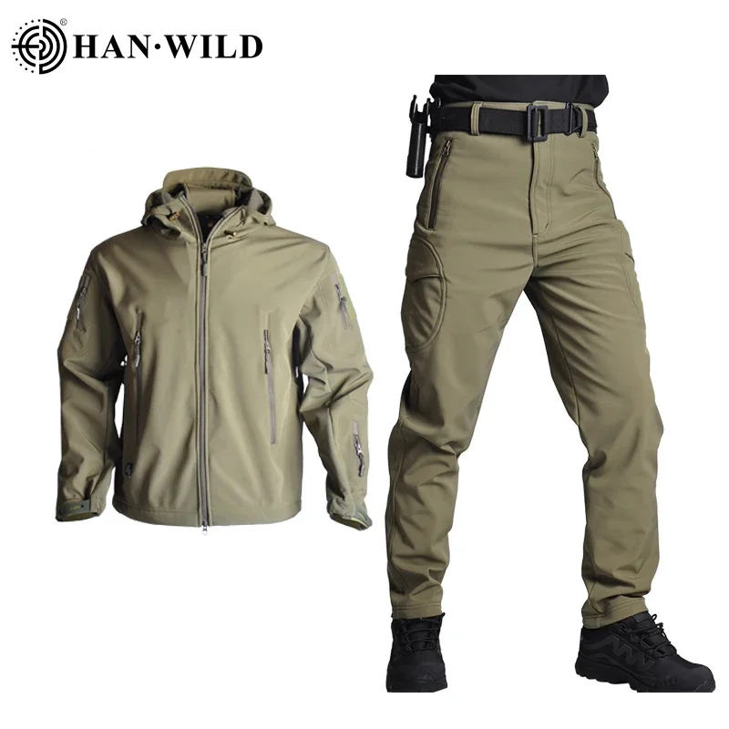 

TAD Tactical Jackets Men Soft Shell Hiking Sets Army Waterproof Camo Hunting Clothes Shark Skin Military + Pants