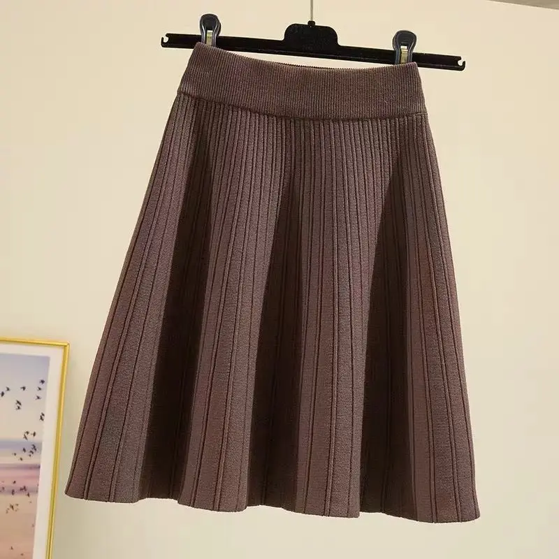 Autumn Winter New High Waist Loose Elegant A-line Skirt Solid All-match Knitting Youth Skirts Fashion Casual Women Clothing