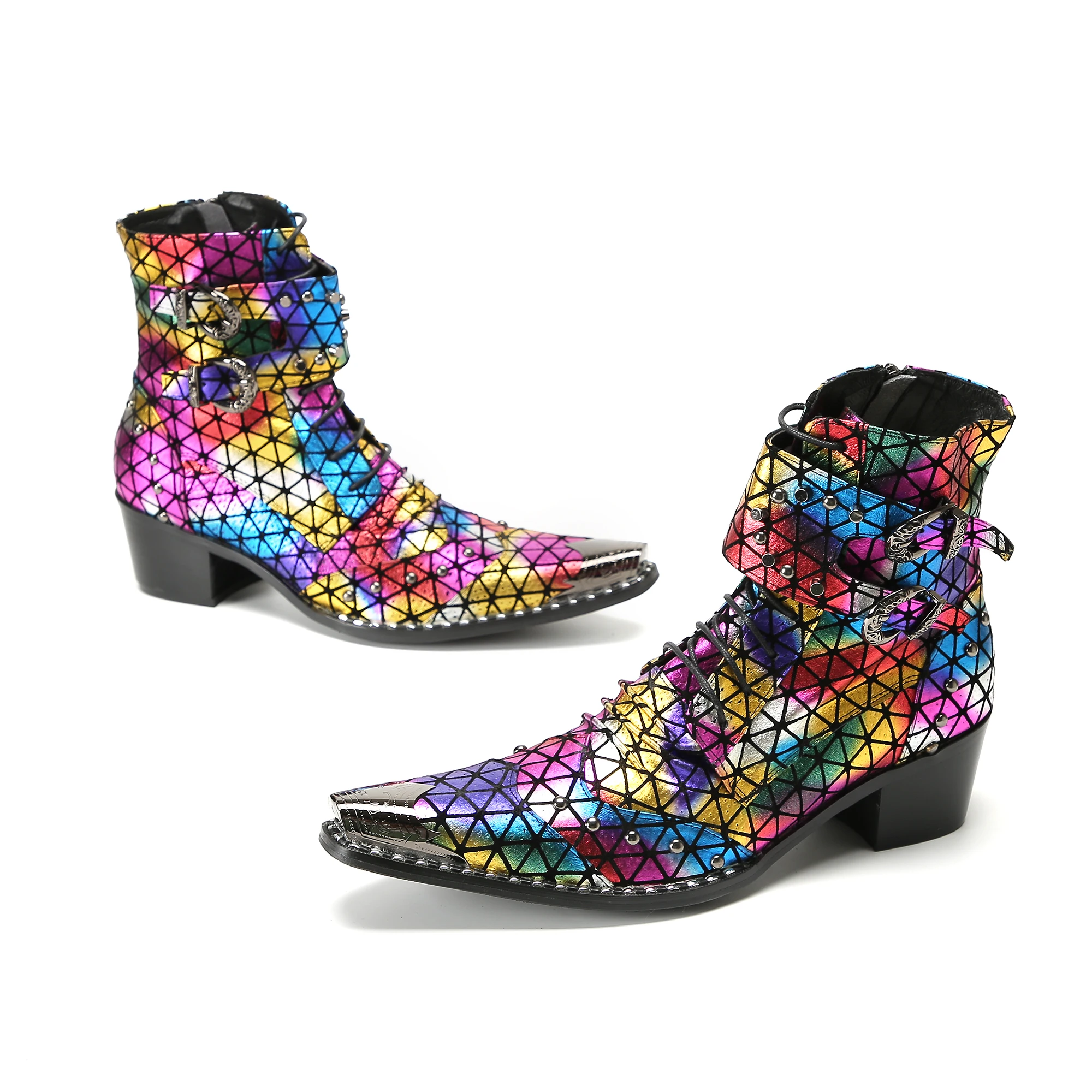 British Punk Style Men Short Ankle Boots High Heels Rivets Pointed Toe Dress Shoes Shiny Leather Mixed Color Zapatos Para Hombre