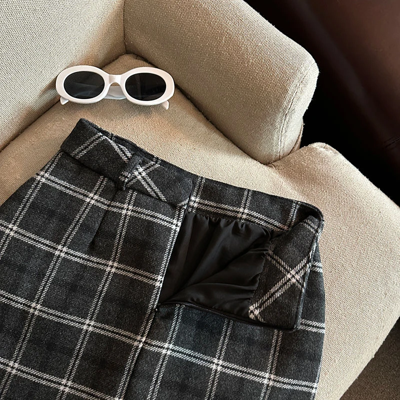 Lace Patchwork Plaid Mini Skirts Women Fall Winter High Waist No Belt Faux Wool Skirts Y2K Fashion Preppy All Match A Line Skirt