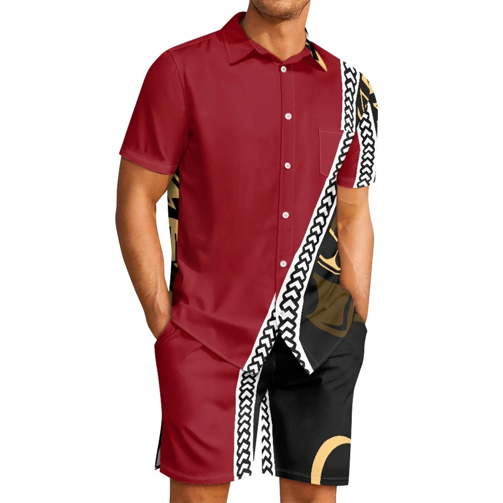 

Polynesian Tribal Fijian Totem Tattoo Fiji Prints Men's Casual Beach Classic Lapel Button Shirt Breathable Red Short Sleeve