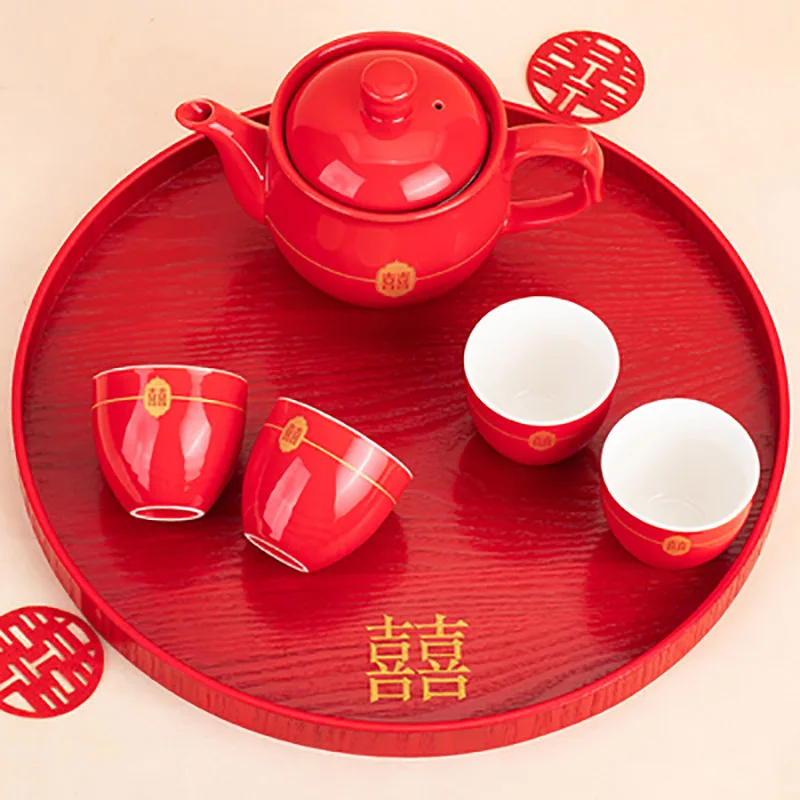 Traditional Chinese Red Teapot for Wedding, Porcelain Tea Cups, Teaware for Party Banquet, Souvenir Gift Supply