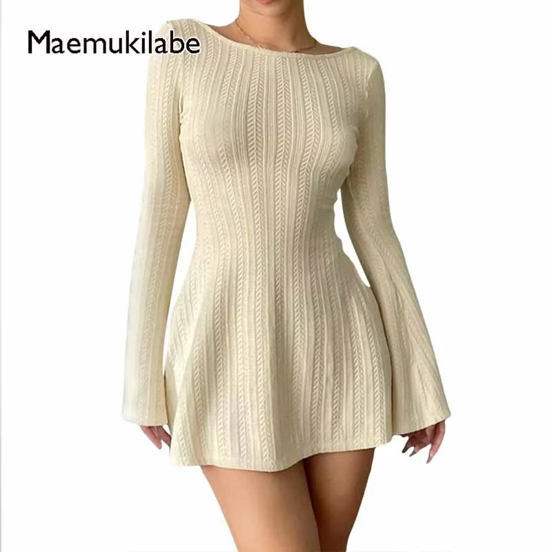 

Maemukilabe Women Bodycon Long Sleeve Mini Dresses Sexy Elegant Ribbed Backless A-Line Short Dress for Party Club Streetwear