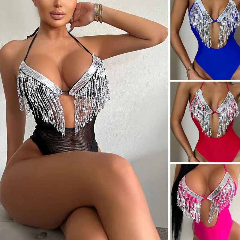 Women's Sexy Sequin Halter Triangle Fringe Bikini Bathing Suit 1 Piece Show Girl Costume