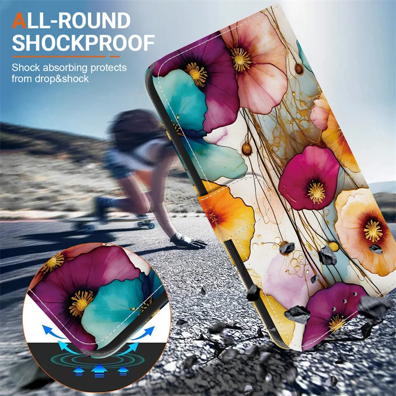 Retro Flower Wallet Stand Back Cover Case with Strap