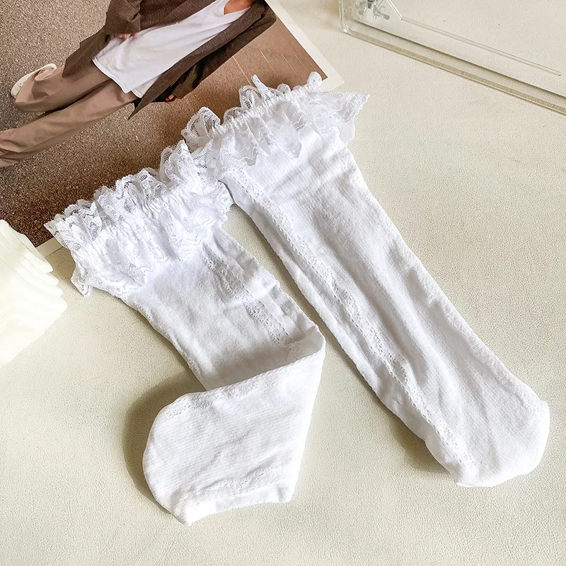 Spring Summer New Children's Lace Thin Hollow Mesh Black and White Solid Color Medium Tube Stacking Socks Wholesale