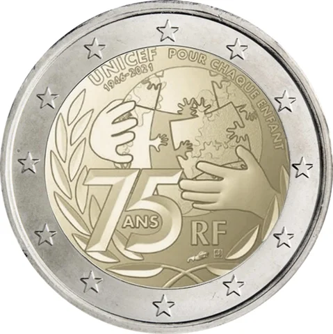 Francia 2021 Moneta Commemorativa 75 ° Anniversario Della Fondazione Del Fondo Per Bambini Delle Nazioni Unite 2 Euro Unc Nuovo Di Zecca