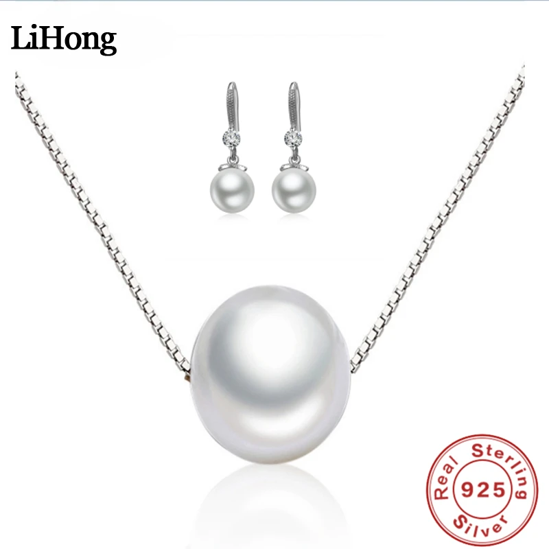 925 Sterling Silver Necklace Earrings Jewelry Set 10MM Pearl Accessories For Women