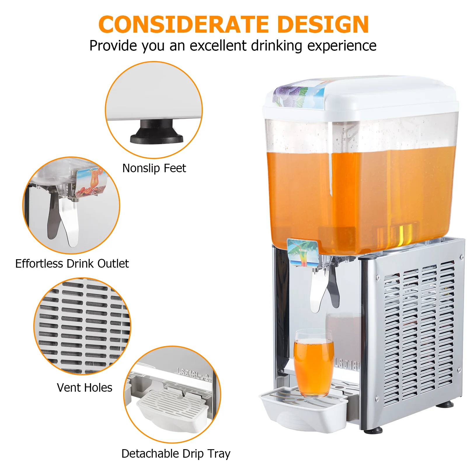 Commercial Beverage Dispenser, 1 Tanks 4.75 Gallon 18L Commercial Juice Dispenser, 18 Liter Per Tank, 180W Stainless Steel Food 5
