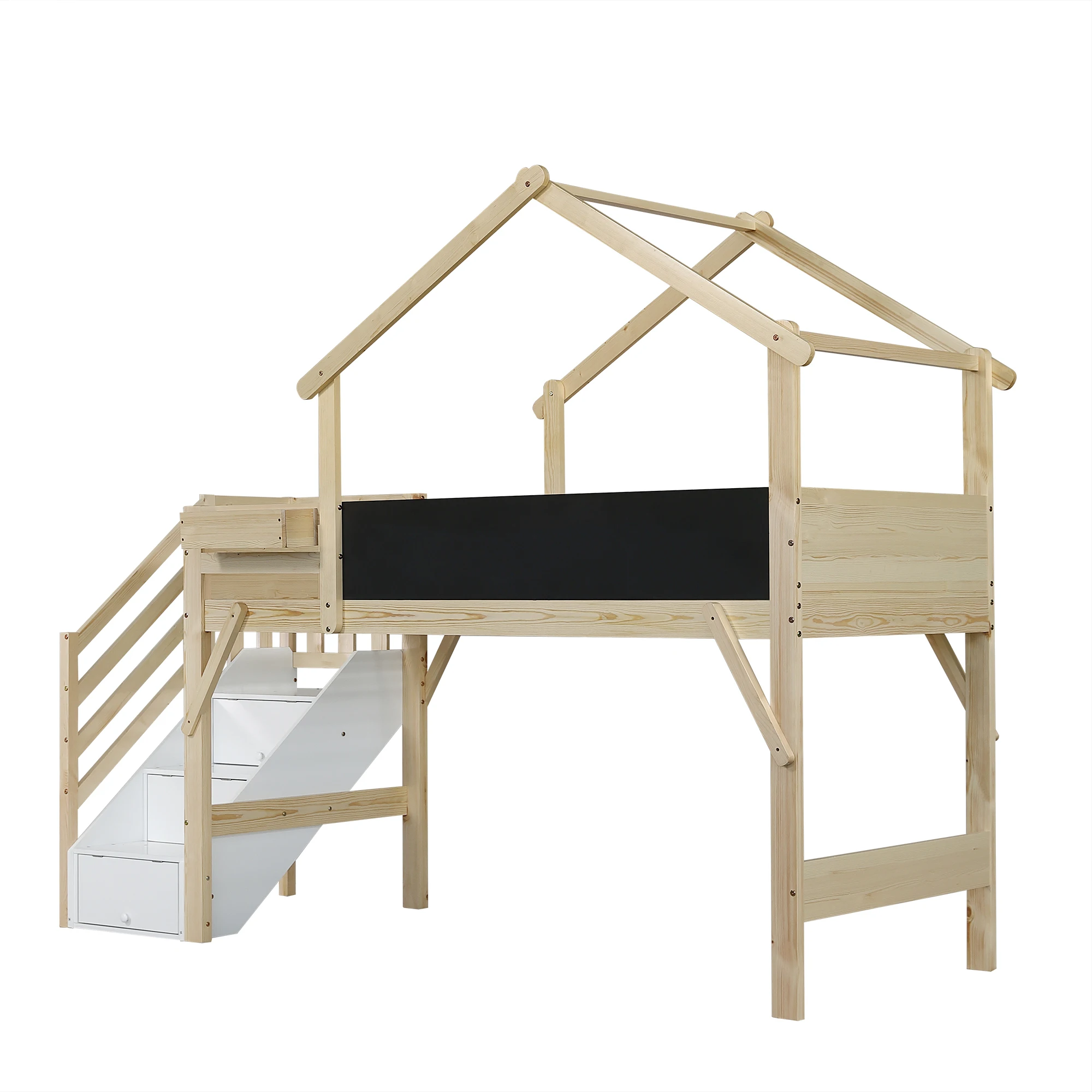 Etagenbett, Kinderbett mit Absturzsicherung und Geländer, einzigartiges Dachdesign, beschreibbare Tafel, mit 3 Schließfächern in der Treppe – Detail 13
