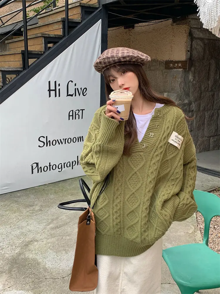 

Women Casual Loose V-neck Long Sleeve Pullover Korean Style All-matched Knitted Sweater Autumn Winter