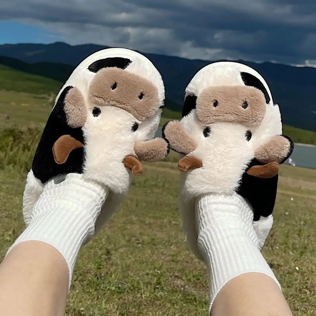Lifun Cute Furry Slippers For Women Girls Winter Fashion Milk Cow Fluffy Cotton Shoes For Indoor Home Cartoon Animal Warm Slides