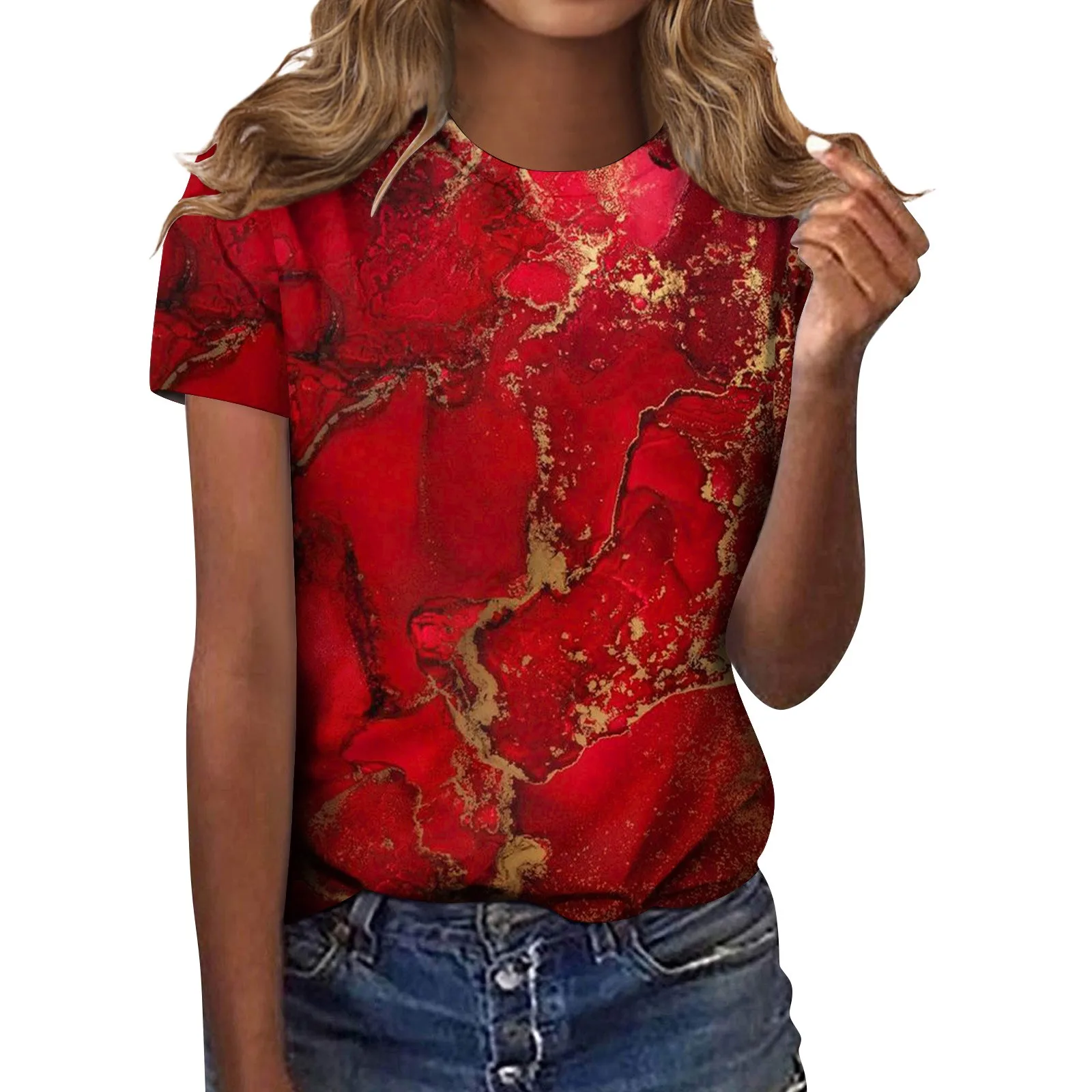 

Женская блузка с круглым вырезом, коротким рукавом и принтом