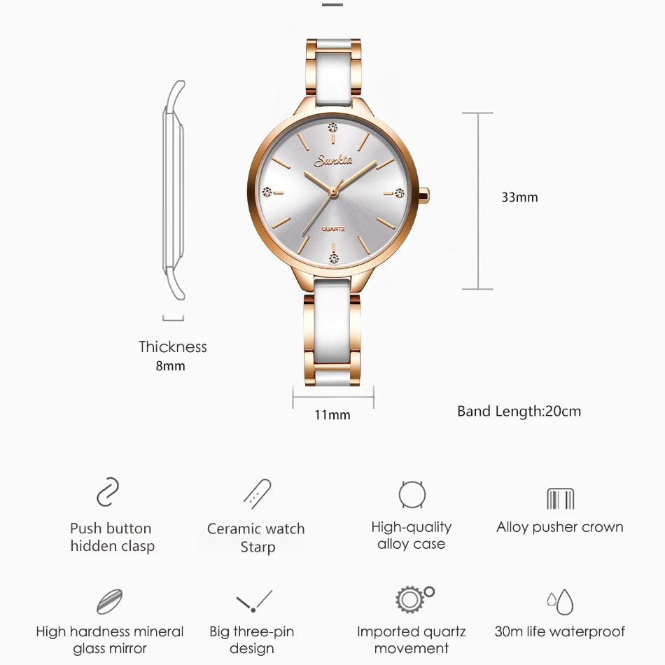Sunkta Women Watches Luxury Fashion Ceramic Watch for Ladies Elegant Bracelet Waterproof Quartz Wristwatch Top Clock Lover Watch