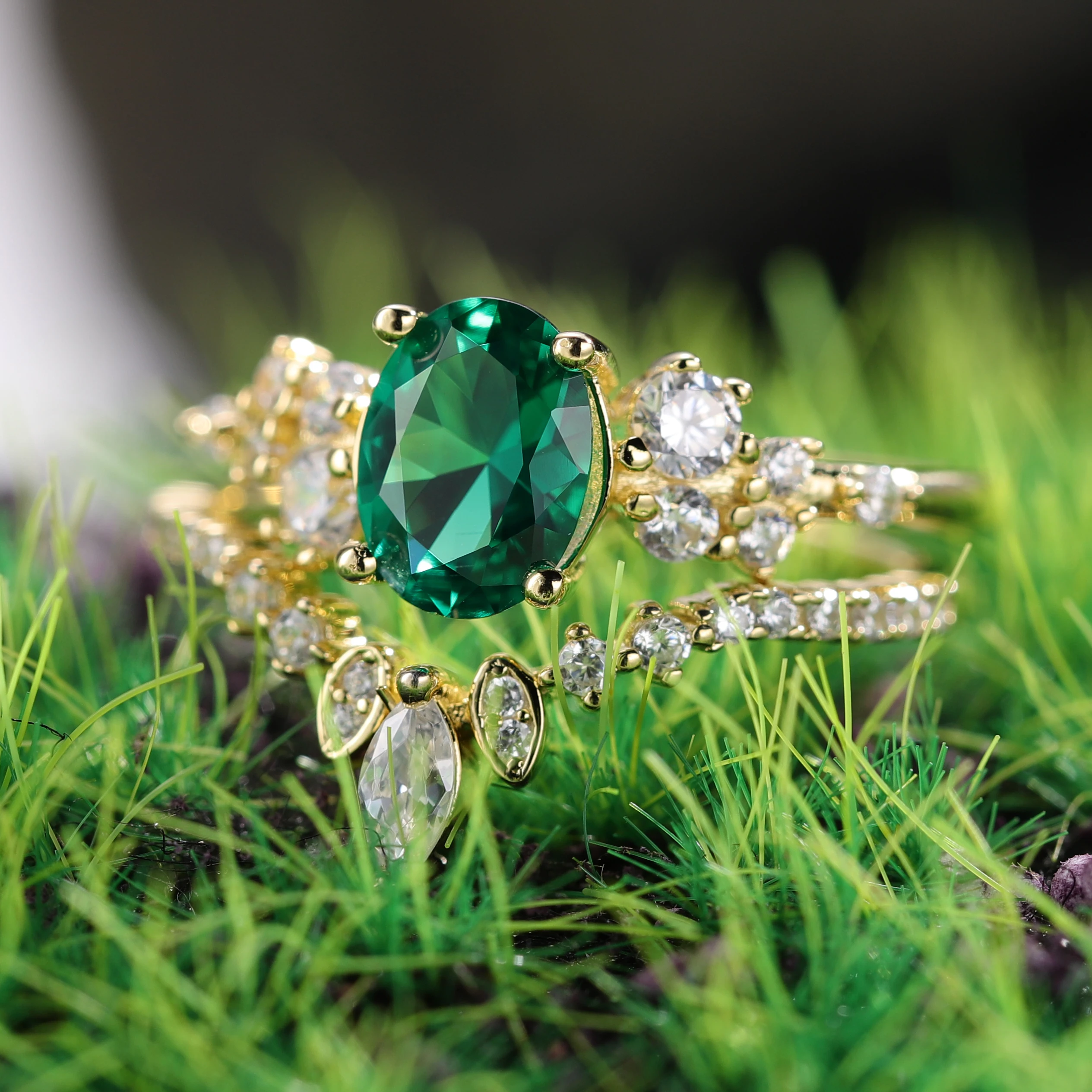 Oval Lab Emerald Engagement Ring Set Gold Plated 925 Silver Engagement Ring Vintage Curved wedding Bridal Ring Set for Women RicaFeliz • 2022