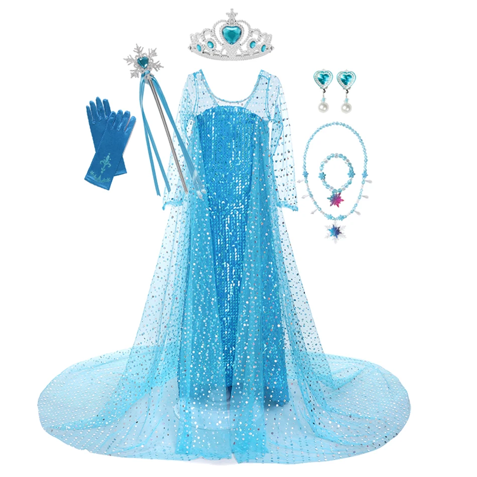 thumbnail image 1 of Disney Frozen Girls Elsa Cosplay Princess Dress Sequin Costume Snow Queen Halloween Birthday Party Prom Kids Clothes With Cloak, 1 of 5