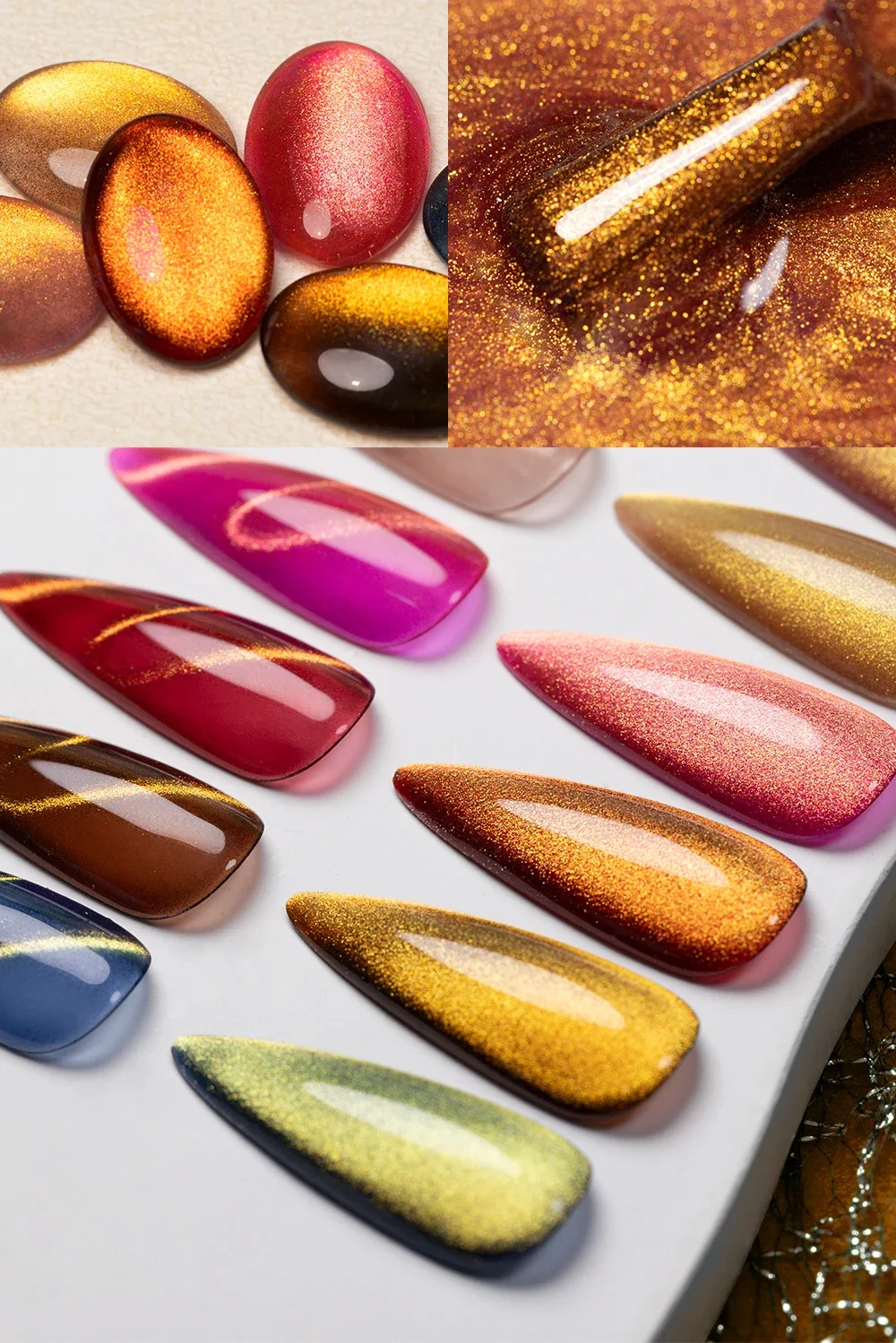 Description Picture 6 of item7.5ML Super Shiny Gold Glitter Cat Magnetic Nail Polish Golden Gems Cat Eye Gel Effect Soak Off Semi-Permanent Varnish Manicure