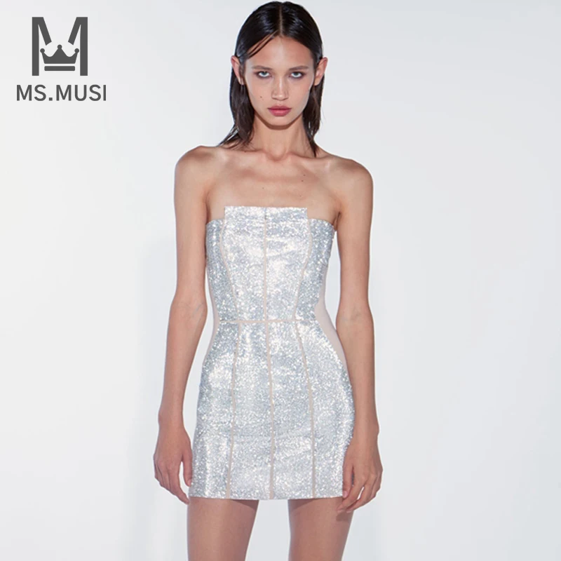 

MSMUSI 2023 New Fashion Women Sexy Silver Strapless Stripe Sleeveless Backless Bandage Party Club Bodycon Slim Event Mini Dress